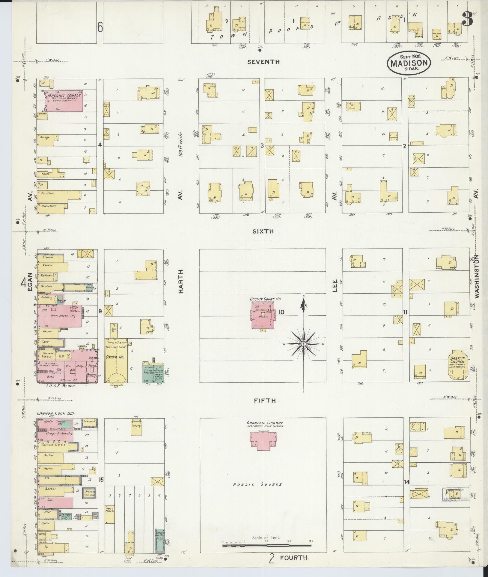 Sanborn Fire Insurance Map from Madison, Lake County, South Dakota (1908), Sheet #0003 - Historic Sanborn Fire Insurance Map Print, vintage old map wall art, antique decor, genealogy gift, South Dakota South Dakota map