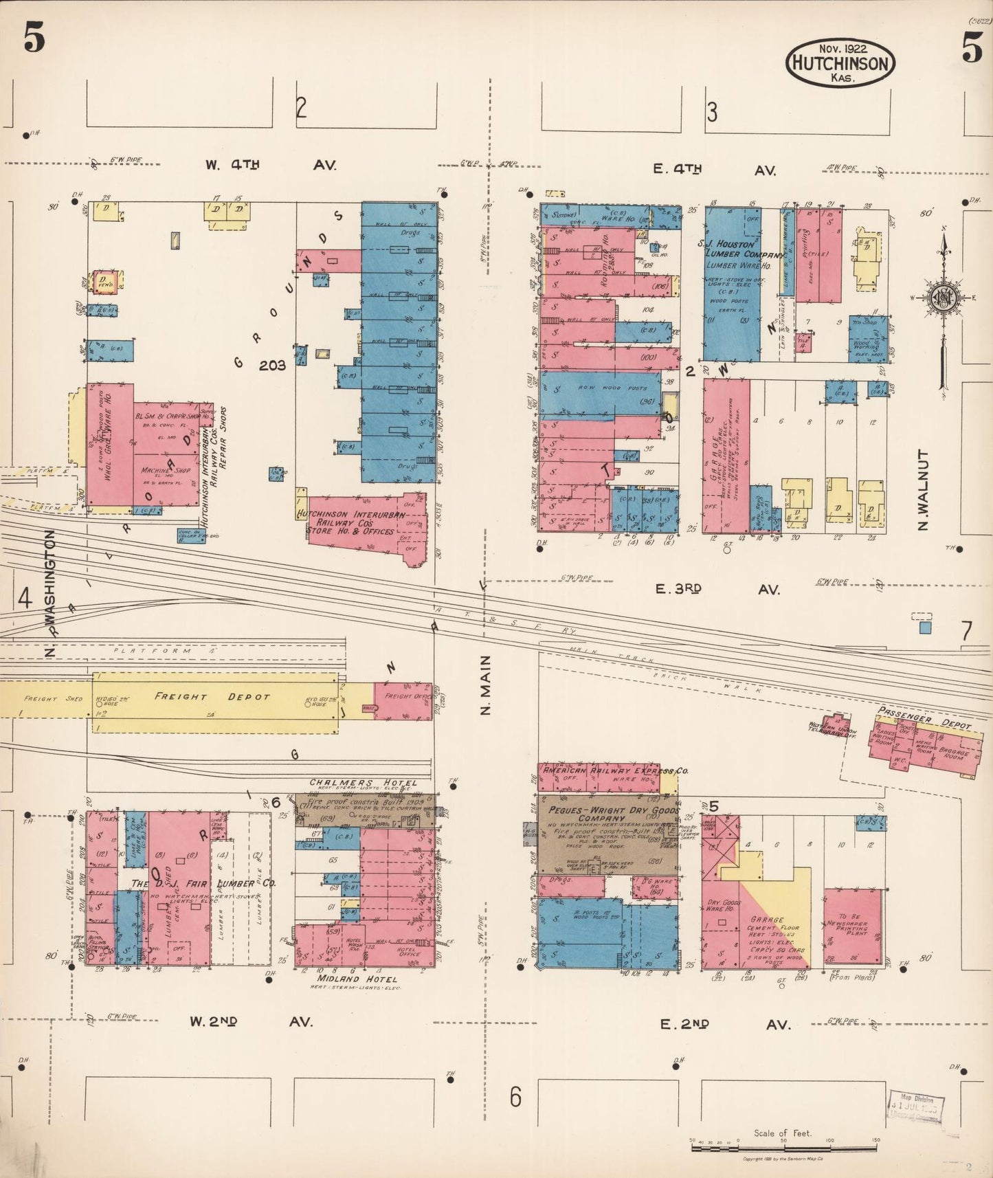 Sanborn Fire Insurance Map from Hutchinson, Reno County, Kansas (1922), Sheet #0006 - Complete Map Set gallery image, historic Sanborn map, vintage wall art, Kansas Kansas
