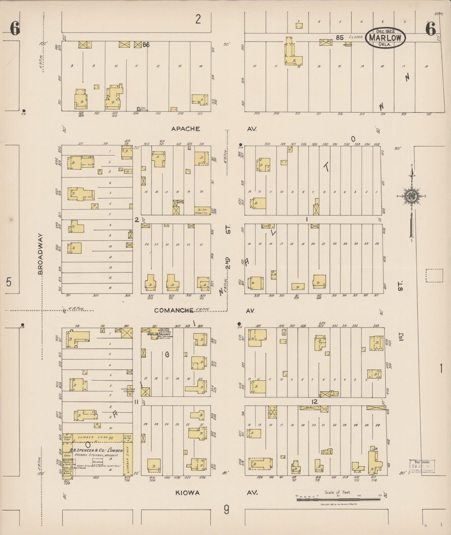 Sanborn Fire Insurance Map from Marlow, Stephens County, Oklahoma (1922), Sheet #0006 - Complete Map Set gallery image, historic Sanborn map, vintage wall art, Oklahoma Oklahoma