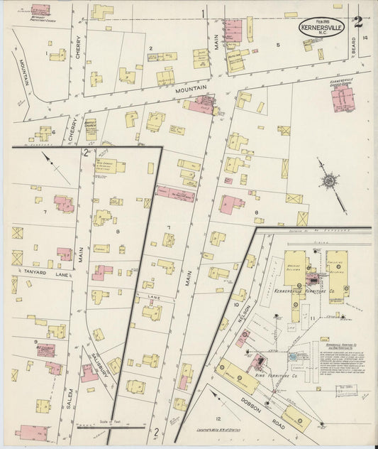 Sanborn Fire Insurance Map from Kernersville, Forsyth County, North Carolina (1915), Sheet #0002 - Historic Sanborn Fire Insurance Map Print, vintage old map wall art, antique decor, genealogy gift, North Carolina North Carolina map
