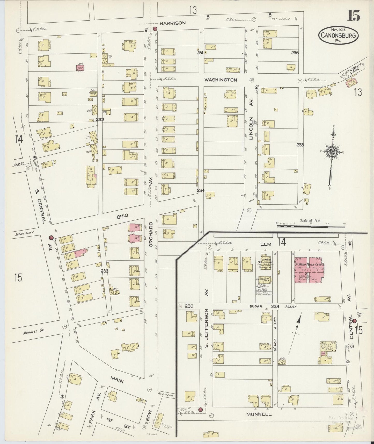 Sanborn Fire Insurance Map from Canonsburg, Washington County, Pennsylvania (1913), Sheet #0015 - Historic Sanborn Fire Insurance Map Print, vintage old map wall art, antique decor, genealogy gift, Pennsylvania Pennsylvania map