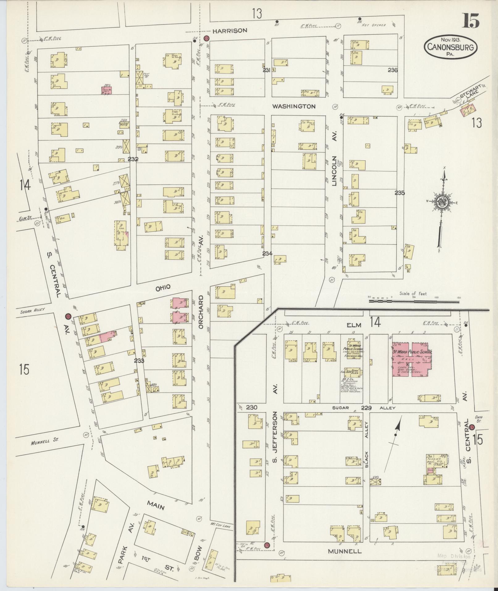 Sanborn Fire Insurance Map from Canonsburg, Washington County, Pennsylvania (1913), Sheet #0015 - Historic Sanborn Fire Insurance Map Print, vintage old map wall art, antique decor, genealogy gift, Pennsylvania Pennsylvania map