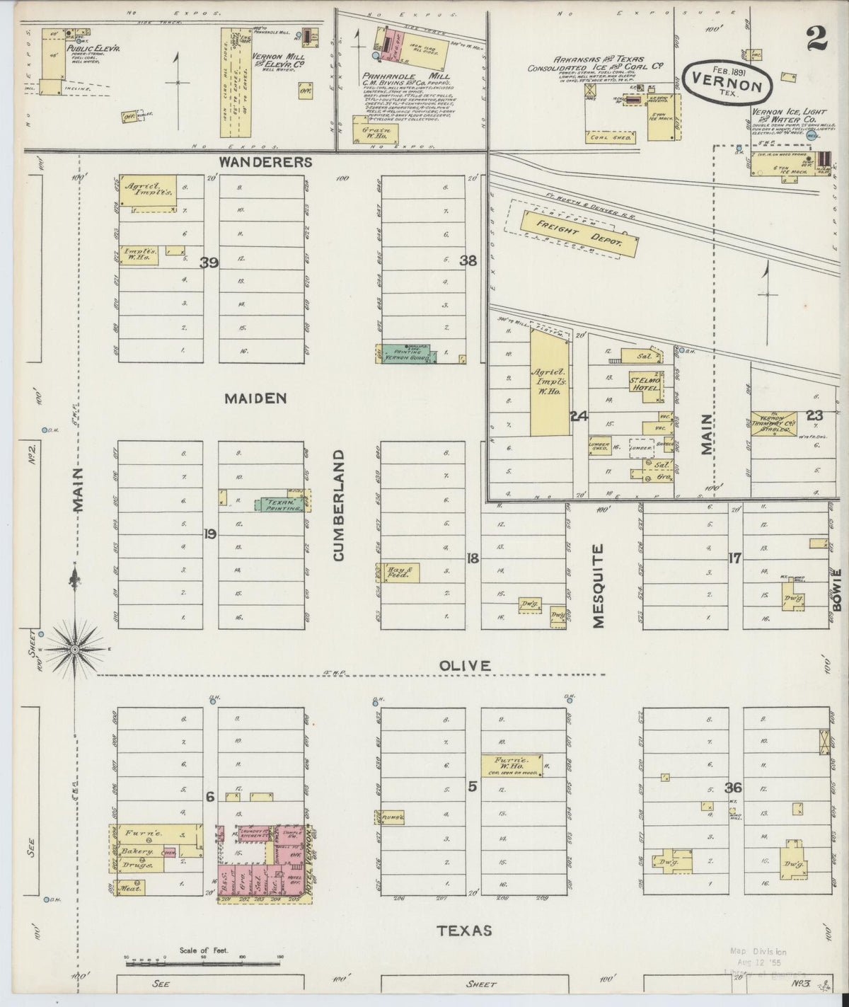 Sanborn Fire Insurance Map from Vernon, Wilbarger County, Texas (1891), Sheet #0002 - Complete Map Set gallery image, historic Sanborn map, vintage wall art, Texas Texas