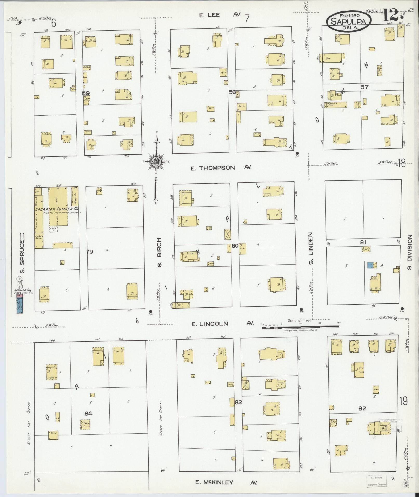 Sanborn Fire Insurance Map from Sapulpa, Creek County, Oklahoma (1920), Sheet #0012 - Complete Map Set gallery image, historic Sanborn map, vintage wall art, Oklahoma Oklahoma