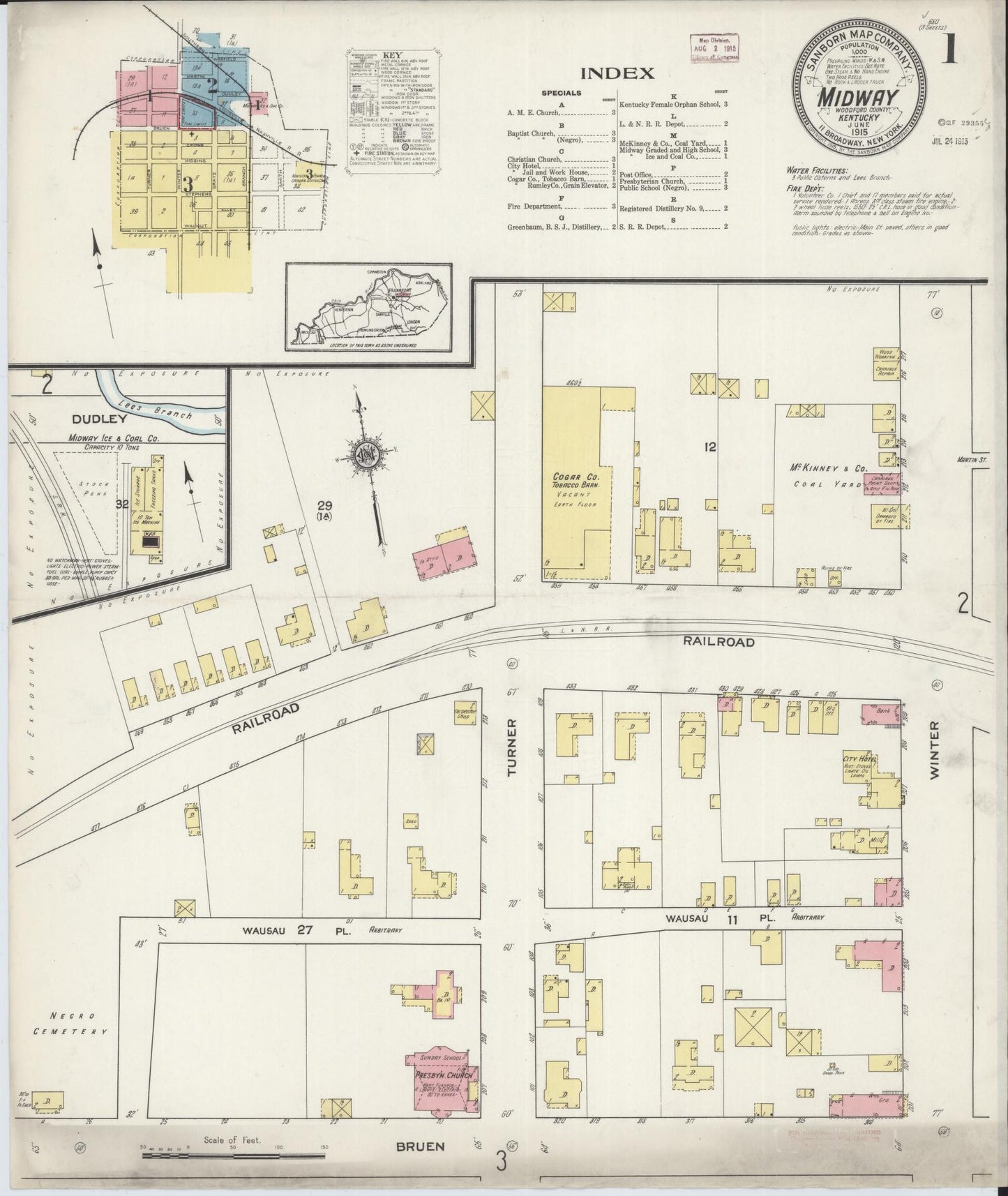 Sanborn Fire Insurance Map from Midway, Woodford County, Kentucky (1915), Sheet #0001 - Complete Map Set gallery image, historic Sanborn map, vintage wall art, Kentucky Kentucky
