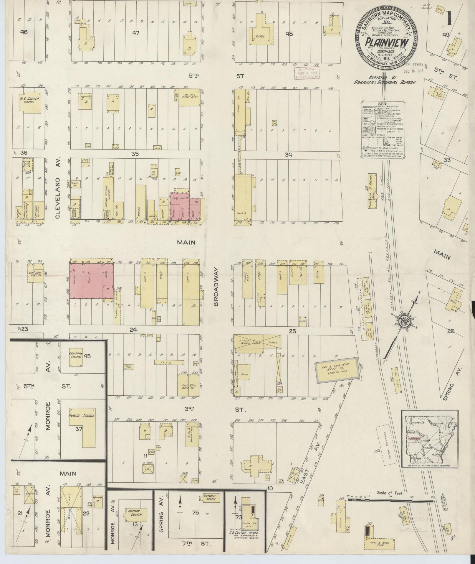 Sanborn Fire Insurance Map from Plainview, Yell County, Arkansas (1913), Sheet #0001 - Historic Sanborn Fire Insurance Map Print, vintage old map wall art, antique decor, genealogy gift, Arkansas Arkansas map