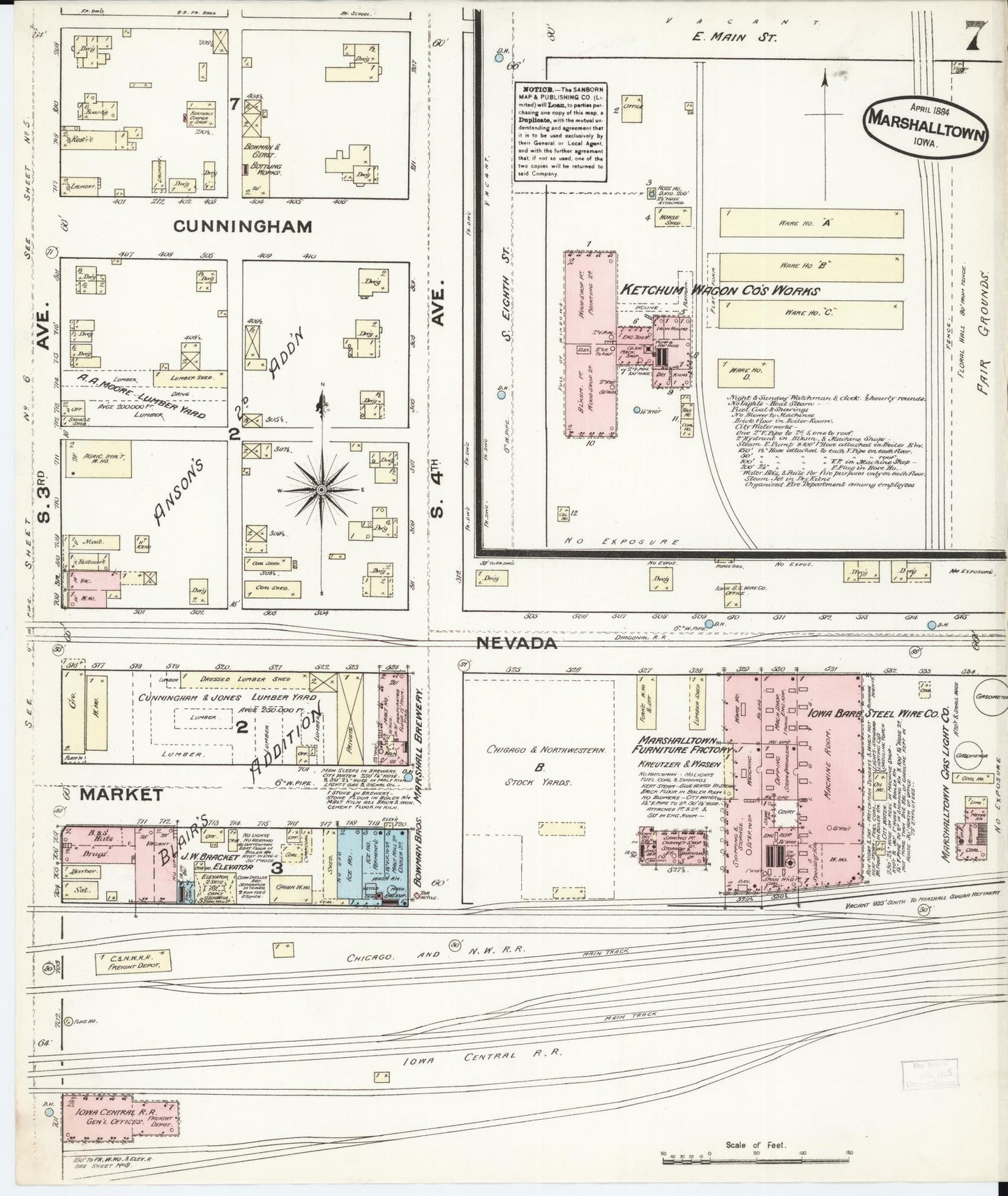 Sanborn Fire Insurance Map from Marshalltown, Marshall County, Iowa (1884), Sheet #0007 - Historic Sanborn Fire Insurance Map Print, vintage old map wall art