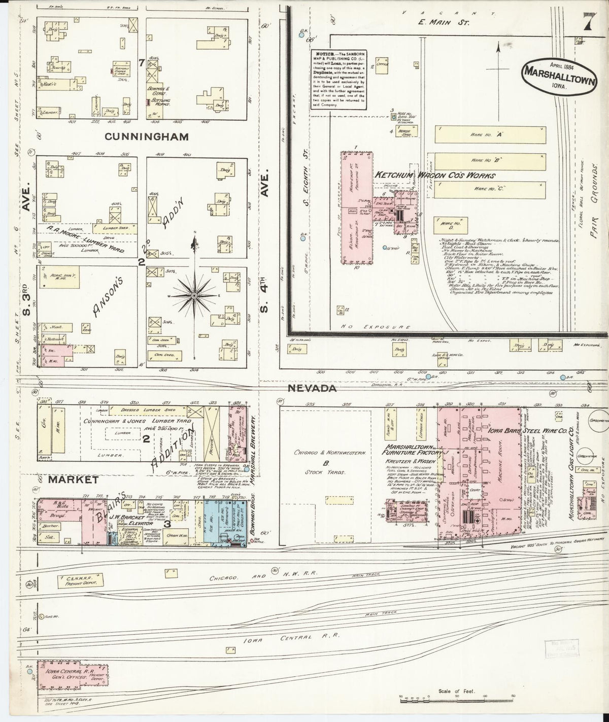 Sanborn Fire Insurance Map from Marshalltown, Marshall County, Iowa (1884), Sheet #0007 - Historic Sanborn Fire Insurance Map Print, vintage old map wall art