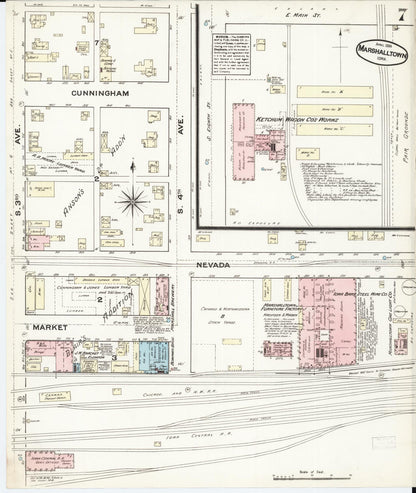 Sanborn Fire Insurance Map from Marshalltown, Marshall County, Iowa (1884), Sheet #0007 - Historic Sanborn Fire Insurance Map Print, vintage old map wall art