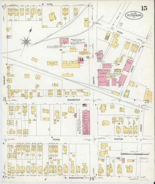 Sanborn Fire Insurance Map from Petersburg, Independent Cities, Virginia (1908), Sheet #0015 - Historic Sanborn Fire Insurance Map Print, vintage old map wall art, antique decor, genealogy gift, Virginia Virginia map