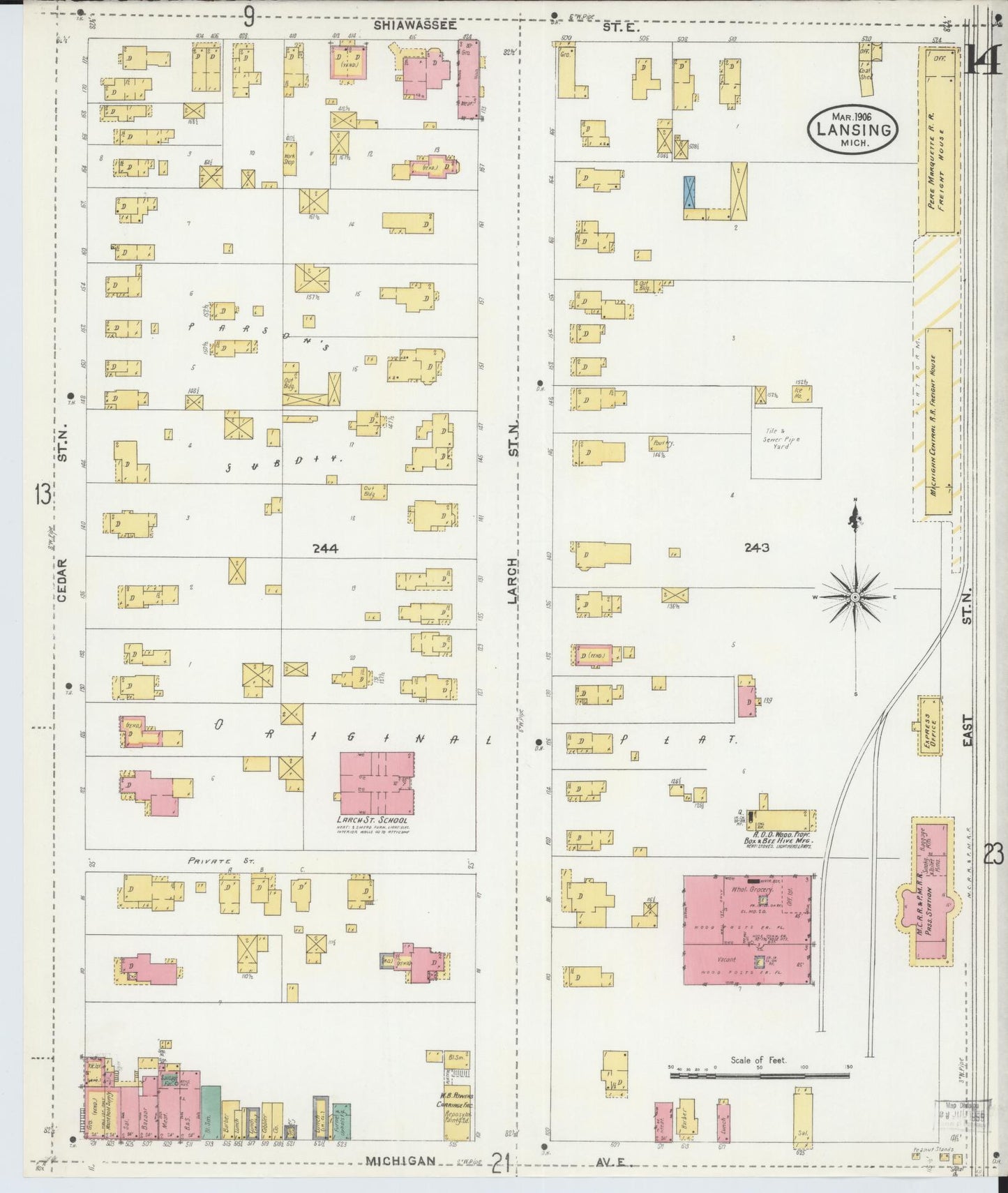 Sanborn Fire Insurance Map from Lansing, Ingham County, Michigan (1906), Sheet #0014 - Historic Sanborn Fire Insurance Map Print, vintage old map wall art, antique decor, genealogy gift, Michigan Michigan map