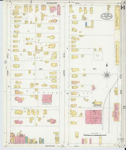 Sanborn Fire Insurance Map from Lansing, Ingham County, Michigan (1906), Sheet #0014 - Historic Sanborn Fire Insurance Map Print, vintage old map wall art, antique decor, genealogy gift, Michigan Michigan map