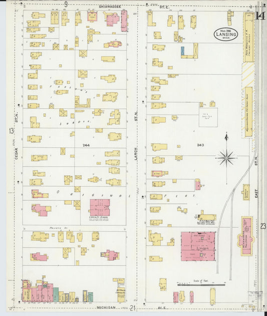 Sanborn Fire Insurance Map from Lansing, Ingham County, Michigan (1906), Sheet #0014 - Historic Sanborn Fire Insurance Map Print, vintage old map wall art, antique decor, genealogy gift, Michigan Michigan map
