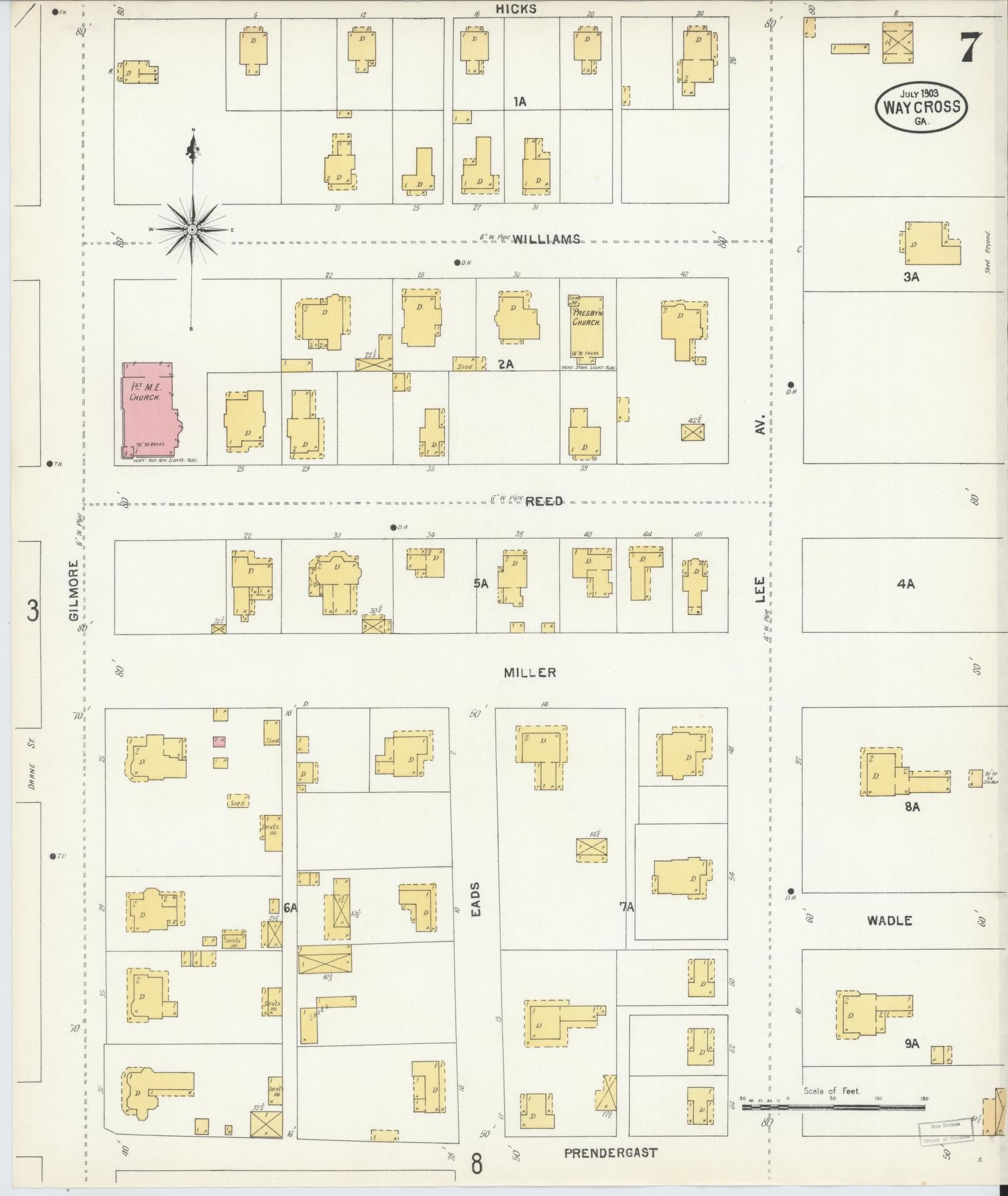 Sanborn Fire Insurance Map from Waycross, Ware County, Georgia (1903), Sheet #0007 - Complete Map Set gallery image, historic Sanborn map, vintage wall art, Georgia Georgia