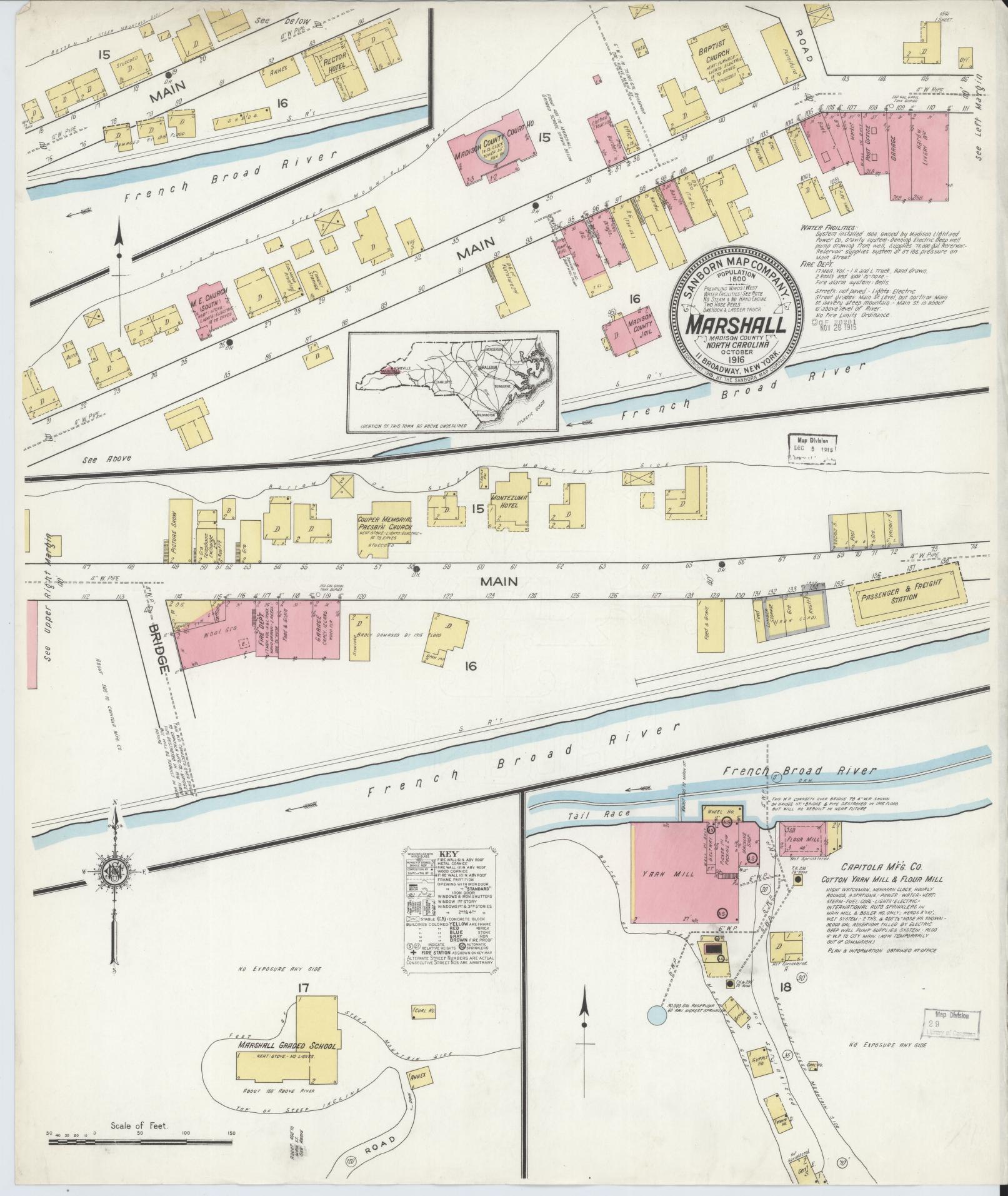 Sanborn Fire Insurance Map from Marshall, Madison County, North Carolina (1916), Sheet #0001 - Historic Sanborn Fire Insurance Map Print, vintage old map wall art, antique decor, genealogy gift, North Carolina North Carolina map