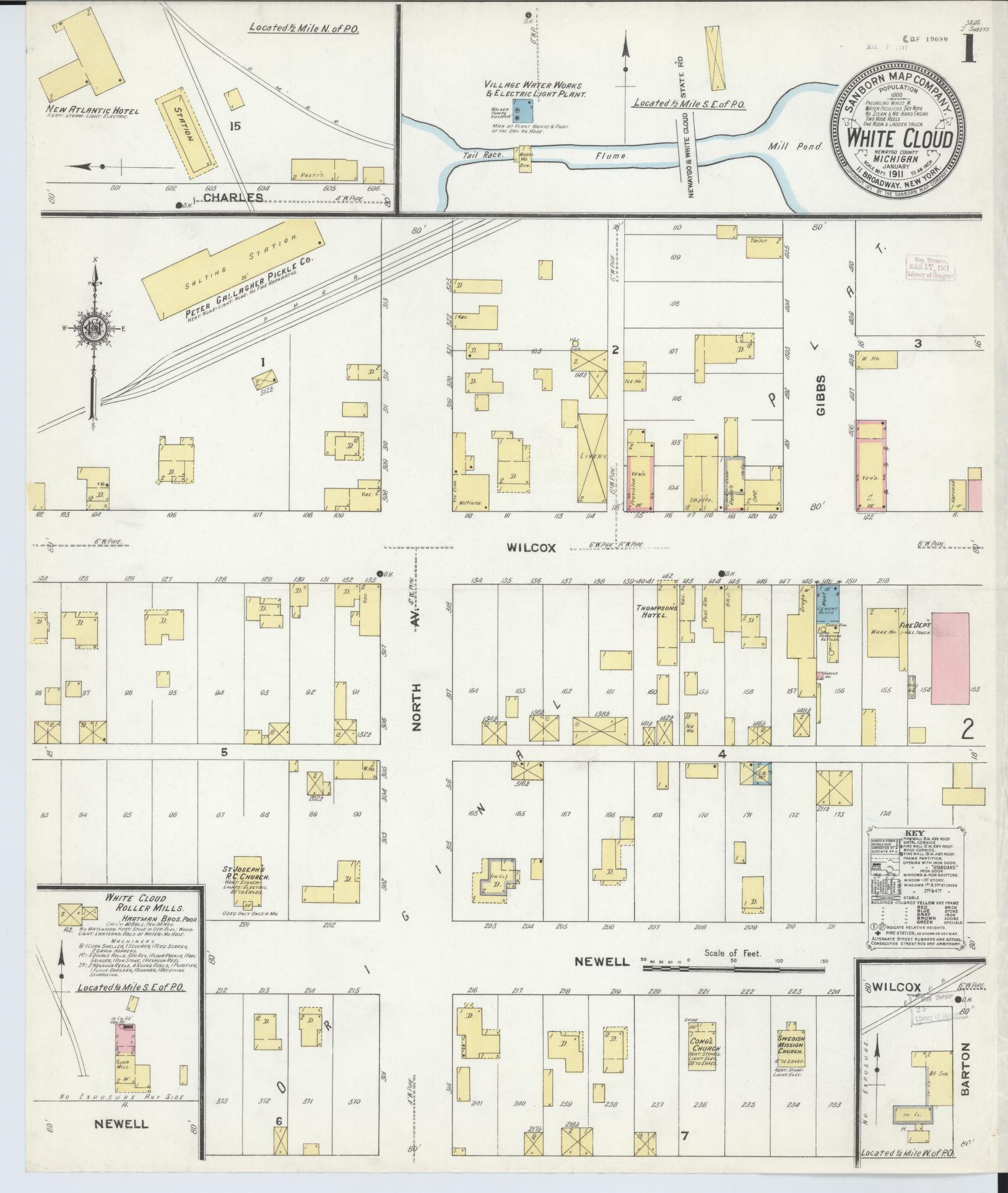 Sanborn Fire Insurance Map from White Cloud, Newaygo County, Michigan (1911), Sheet #0001 - Historic Sanborn Fire Insurance Map Print, vintage old map wall art, antique decor, genealogy gift, Michigan Michigan map