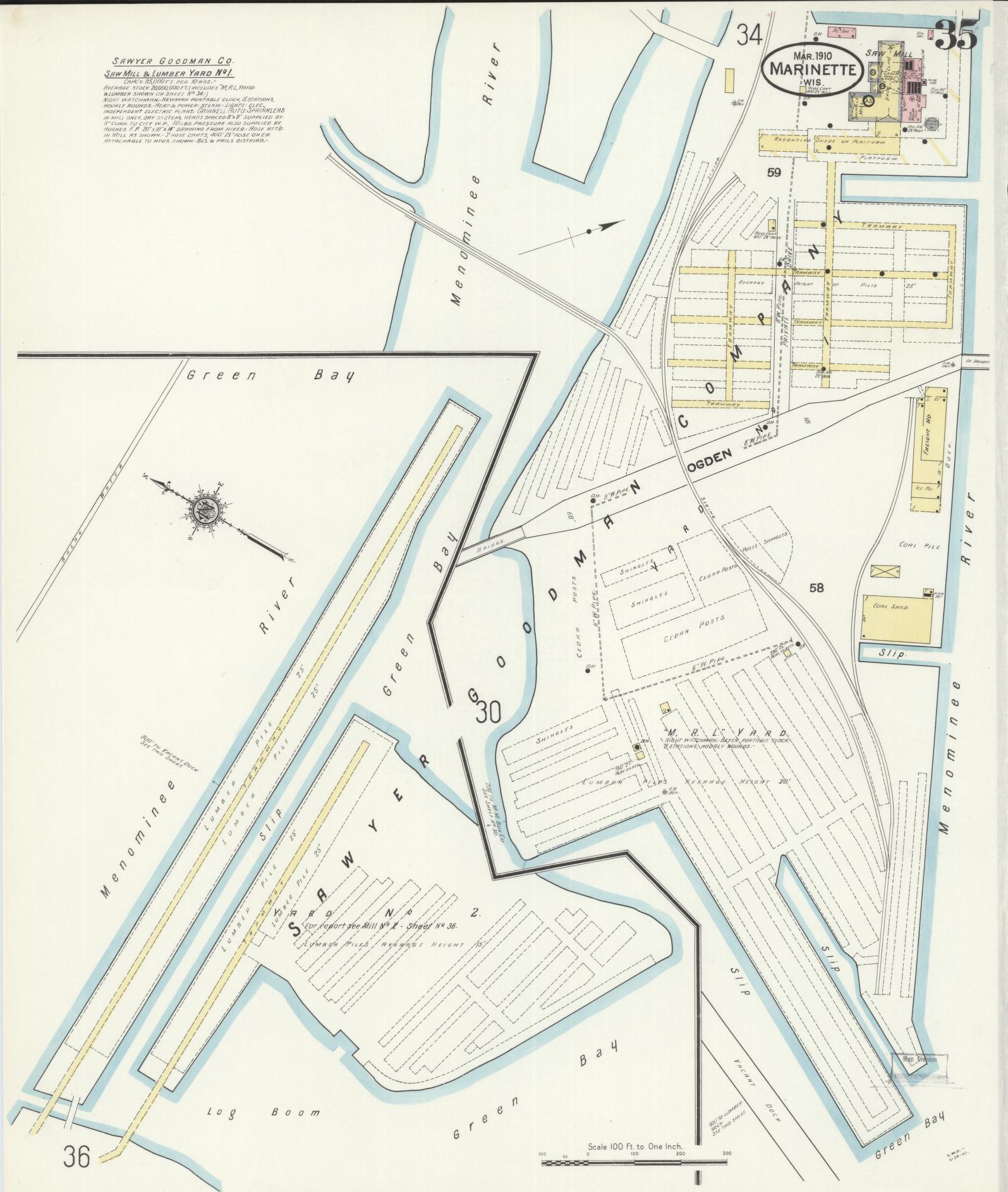 Sanborn Fire Insurance Map from Marinette, Marinette County, Wisconsin (1910), Sheet #0035 - Historic Sanborn Fire Insurance Map Print, vintage old map wall art, antique decor, genealogy gift, Wisconsin Wisconsin map