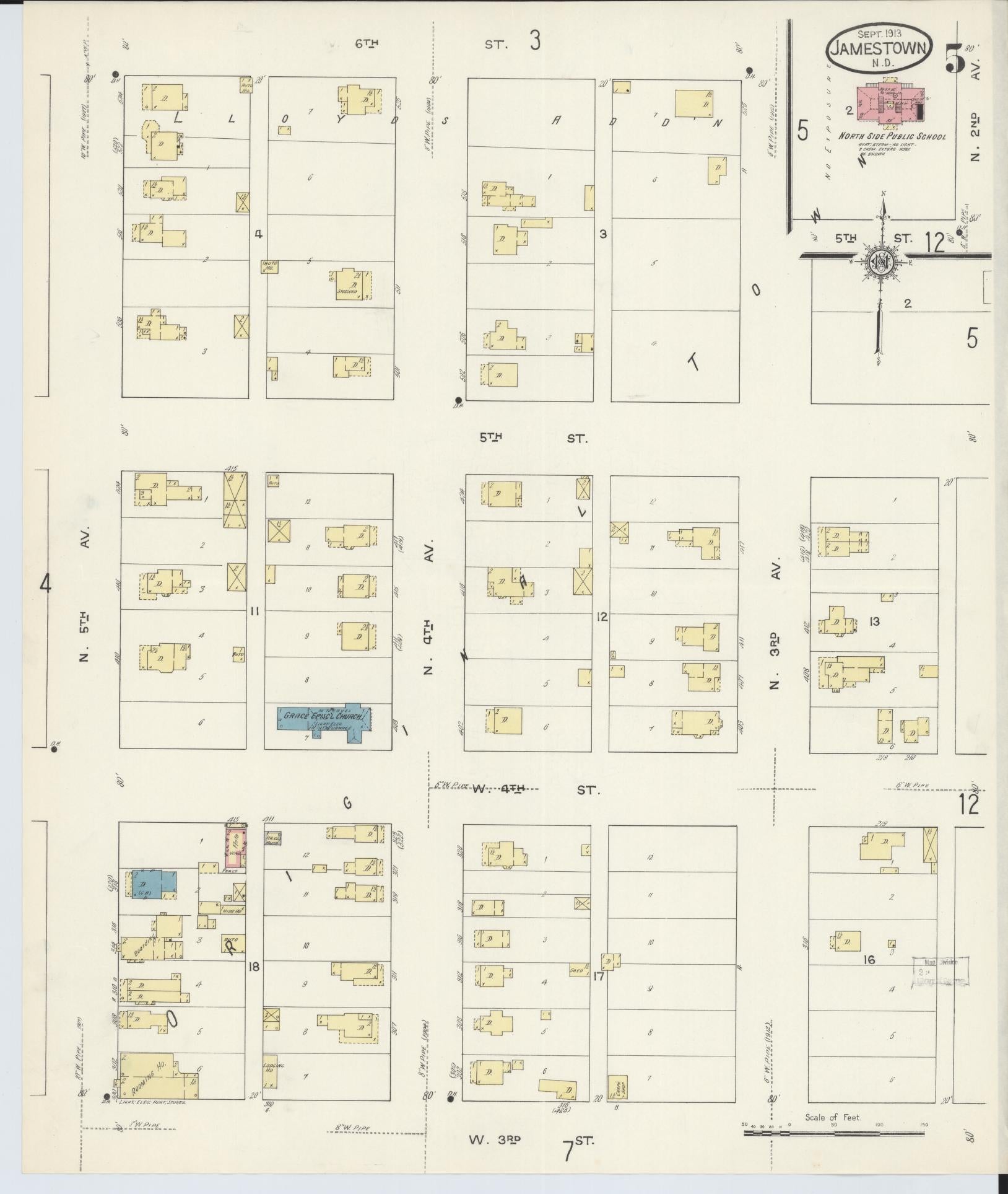 Sanborn Fire Insurance Map from Jamestown, Stutsman County, North Dakota (1913), Sheet #0005 - Historic Sanborn Fire Insurance Map Print, vintage old map wall art, antique decor, genealogy gift, North Dakota North Dakota map