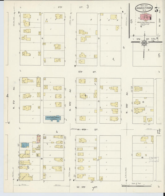 Sanborn Fire Insurance Map from Jamestown, Stutsman County, North Dakota (1913), Sheet #0005 - Historic Sanborn Fire Insurance Map Print, vintage old map wall art, antique decor, genealogy gift, North Dakota North Dakota map