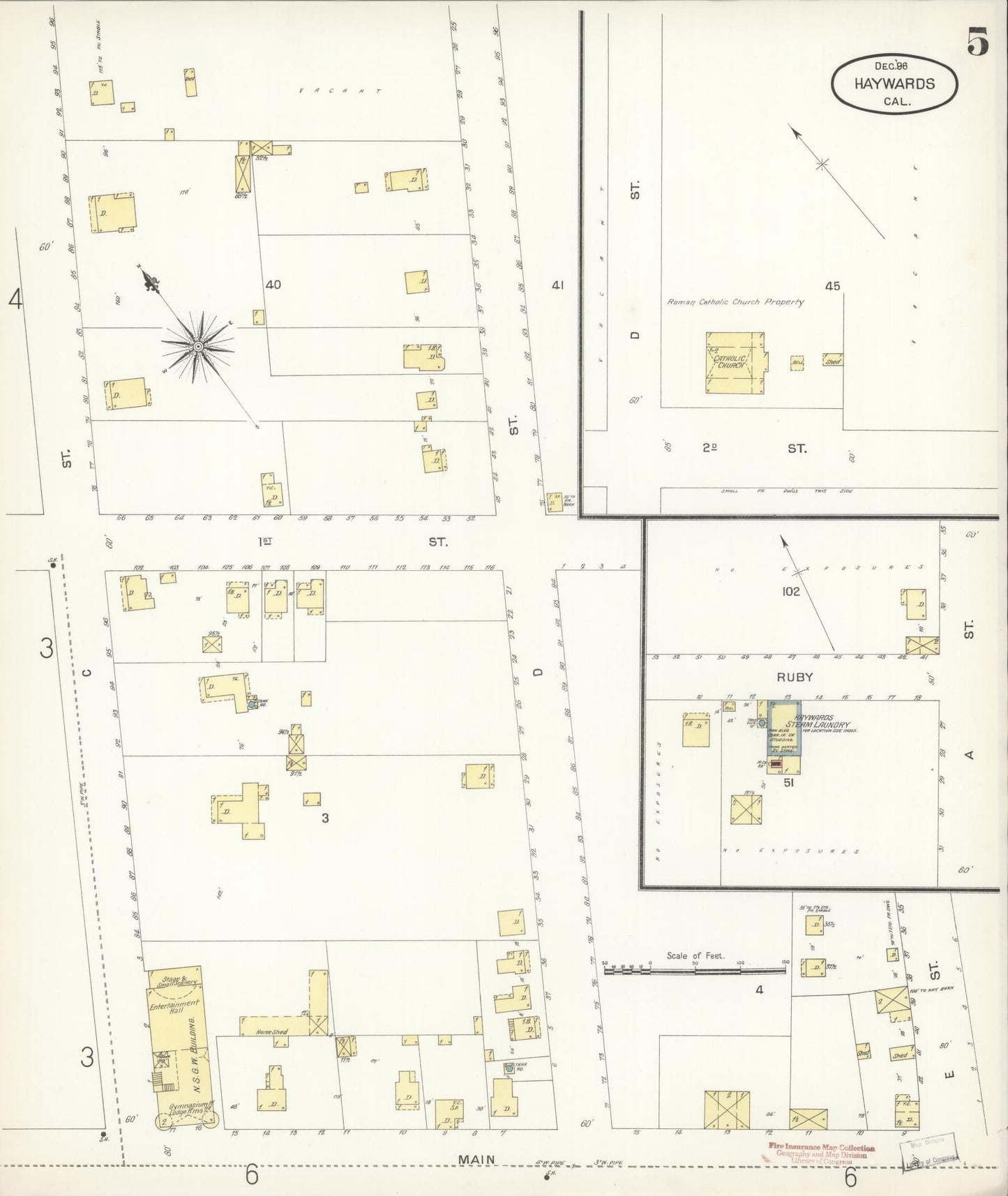 Sanborn Fire Insurance Map from Hayward, Alameda County, California (1896), Sheet #0005 - Complete Map Set gallery image, historic Sanborn map, vintage wall art, California California