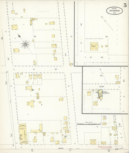 Sanborn Fire Insurance Map from Hayward, Alameda County, California (1896), Sheet #0005 - Complete Map Set gallery image, historic Sanborn map, vintage wall art, California California