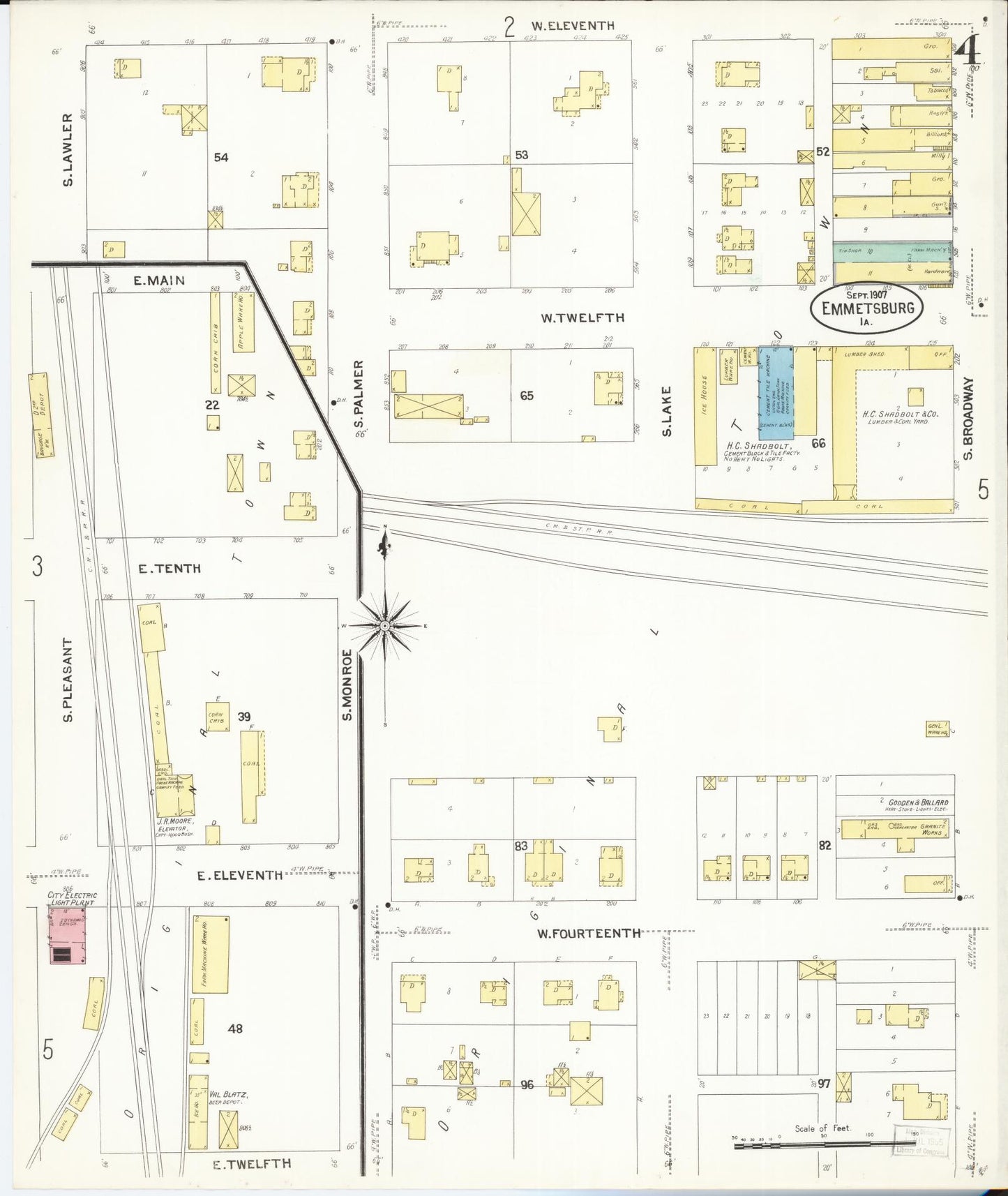 Sanborn Fire Insurance Map from Emmetsburg, Palo Alto County, Iowa (1907), Sheet #0004 - Historic Sanborn Fire Insurance Map Print, vintage old map wall art