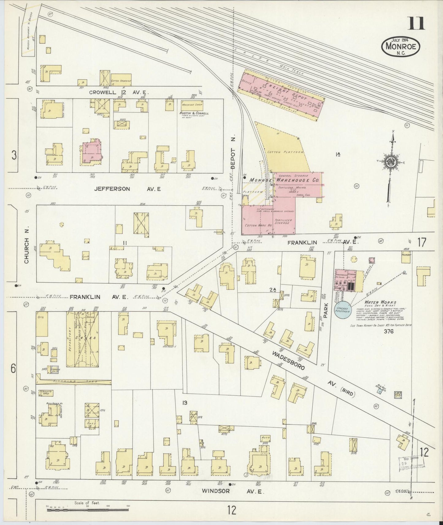 Sanborn Fire Insurance Map from Monroe, Union County, North Carolina (1914), Sheet #0011 - Complete Map Set gallery image, historic Sanborn map, vintage wall art, North Carolina North Carolina