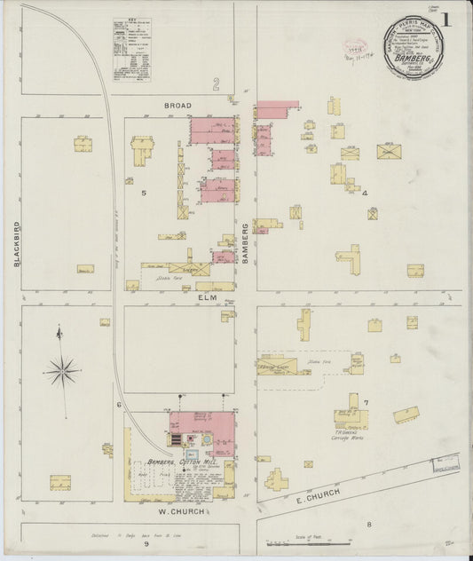 Sanborn Fire Insurance Map from Bamberg, Bamberg County, South Carolina (1894), Sheet #0001 - Historic Sanborn Fire Insurance Map Print, vintage old map wall art, antique decor, genealogy gift, South Carolina South Carolina map