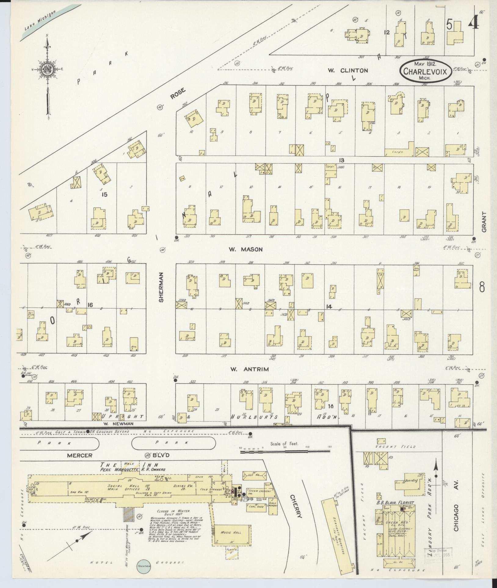 Sanborn Fire Insurance Map from Charlevoix, Charlevoix County, Michigan (1912), Sheet #0004 - Complete Map Set gallery image, historic Sanborn map, vintage wall art, Michigan Michigan