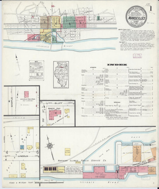 Sanborn Fire Insurance Map from Marseilles, La Salle County, Illinois (1913), Sheet #0001 - Historic Sanborn Fire Insurance Map Print, vintage old map wall art, antique decor, genealogy gift, Illinois Illinois map
