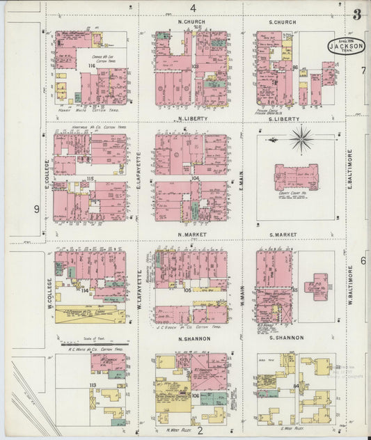 Sanborn Fire Insurance Map from Jackson, Madison County, Tennessee (1896), Sheet #0003 - Historic Sanborn Fire Insurance Map Print, vintage old map wall art, antique decor, genealogy gift, Tennessee Tennessee map