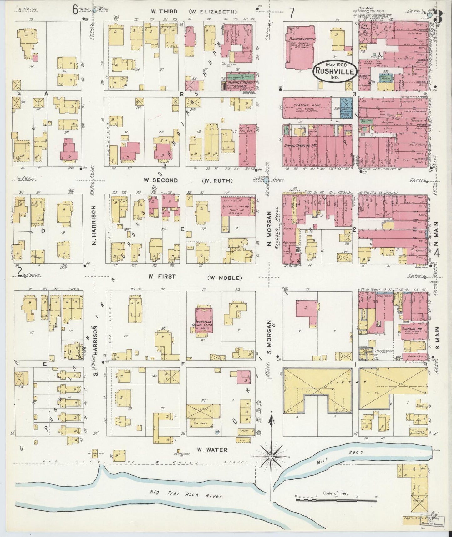 Sanborn Fire Insurance Map from Rushville, Rush County, Indiana (1908), Sheet #0003 - Historic Sanborn Fire Insurance Map Print, vintage old map wall art, antique decor, genealogy gift, Indiana Indiana map
