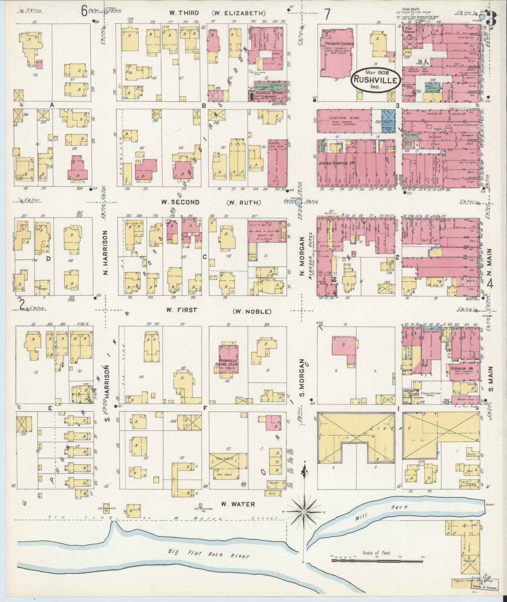 Sanborn Fire Insurance Map from Rushville, Rush County, Indiana (1908), Sheet #0003 - Historic Sanborn Fire Insurance Map Print, vintage old map wall art, antique decor, genealogy gift, Indiana Indiana map