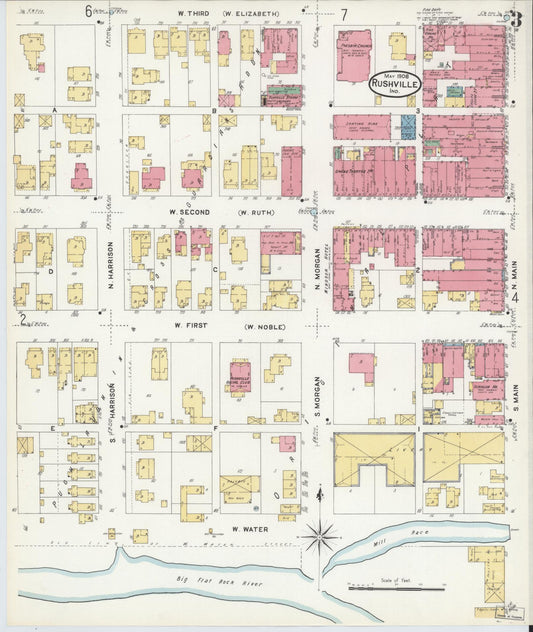 Sanborn Fire Insurance Map from Rushville, Rush County, Indiana (1908), Sheet #0003 - Historic Sanborn Fire Insurance Map Print, vintage old map wall art, antique decor, genealogy gift, Indiana Indiana map