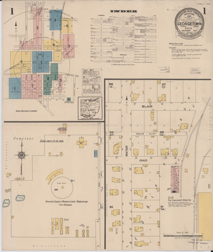 Sanborn Fire Insurance Map from Georgetown, Brown County, Ohio (1922), Sheet #0001 - Historic Sanborn Fire Insurance Map Print, vintage old map wall art, antique decor, genealogy gift, Ohio Ohio map