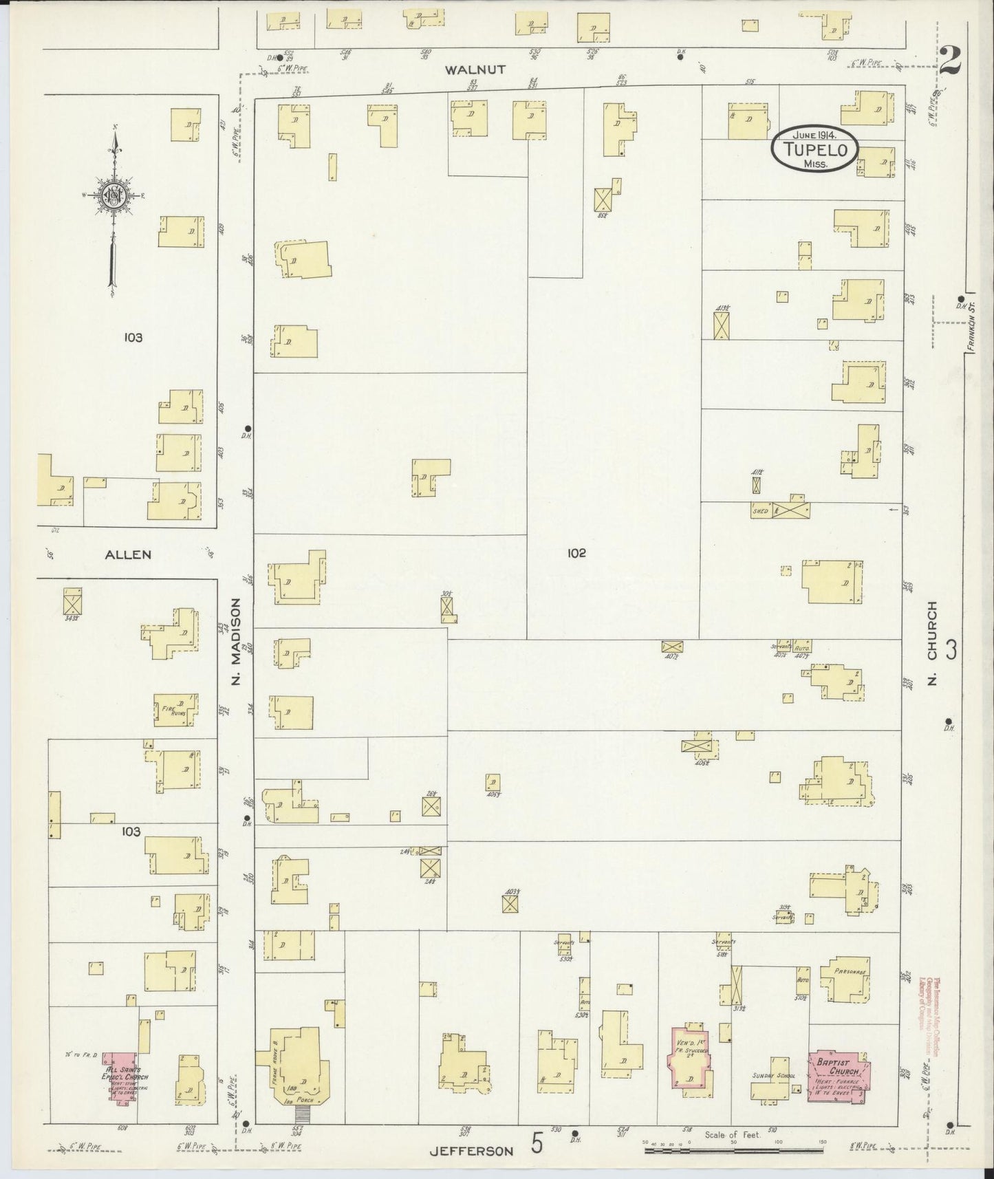 Sanborn Fire Insurance Map from Tupelo, Lee County, Mississippi (1914), Sheet #0002 - Complete Map Set gallery image, historic Sanborn map, vintage wall art, Mississippi Mississippi