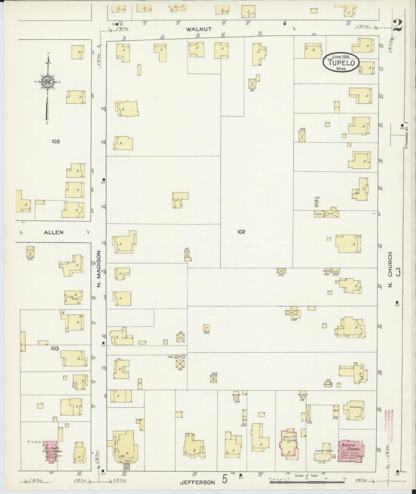Sanborn Fire Insurance Map from Tupelo, Lee County, Mississippi (1914), Sheet #0002 - Complete Map Set gallery image, historic Sanborn map, vintage wall art, Mississippi Mississippi