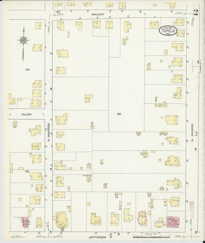 Sanborn Fire Insurance Map from Tupelo, Lee County, Mississippi (1914), Sheet #0002 - Complete Map Set gallery image, historic Sanborn map, vintage wall art, Mississippi Mississippi