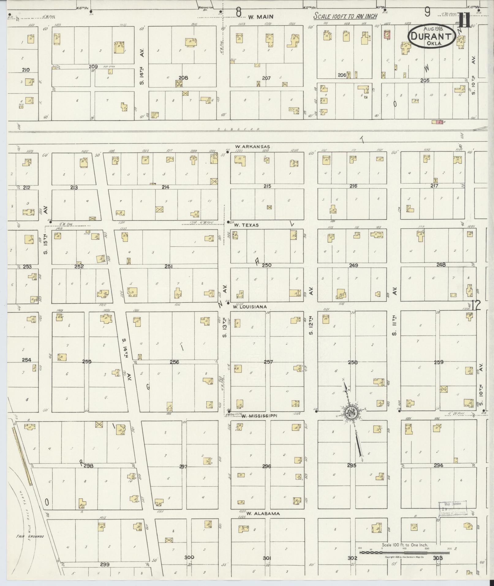 Sanborn Fire Insurance Map from Durant, Bryan County, Oklahoma (1918), Sheet #0011 - Complete Map Set gallery image, historic Sanborn map, vintage wall art, Oklahoma Oklahoma