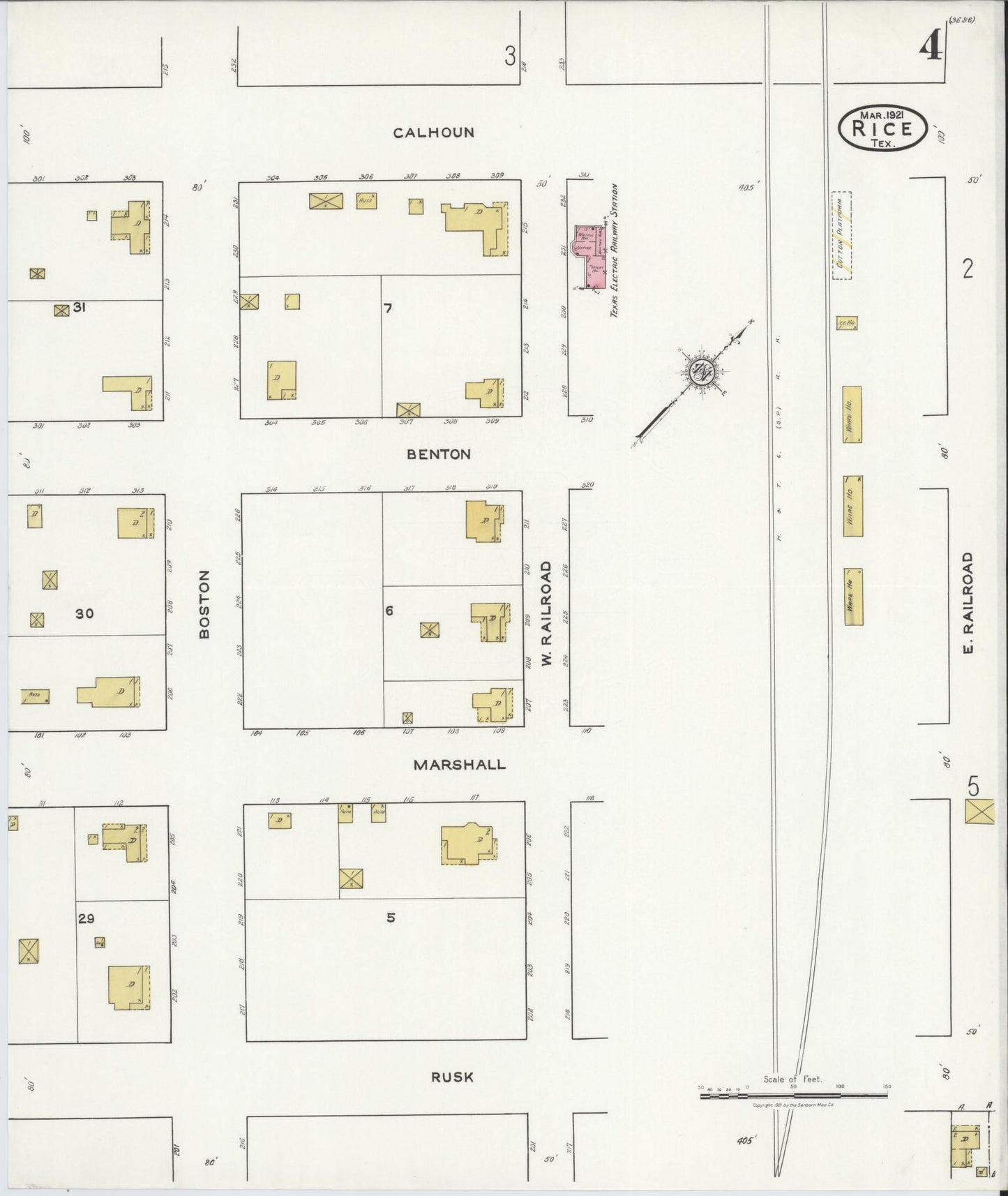 Sanborn Fire Insurance Map from Rice, Navarro County, Texas (1921), Sheet #0004 - Complete Map Set gallery image, historic Sanborn map, vintage wall art, Texas Texas