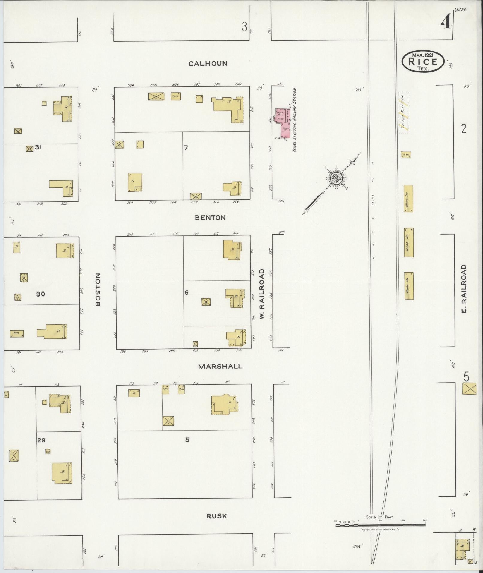 Sanborn Fire Insurance Map from Rice, Navarro County, Texas (1921), Sheet #0004 - Complete Map Set gallery image, historic Sanborn map, vintage wall art, Texas Texas