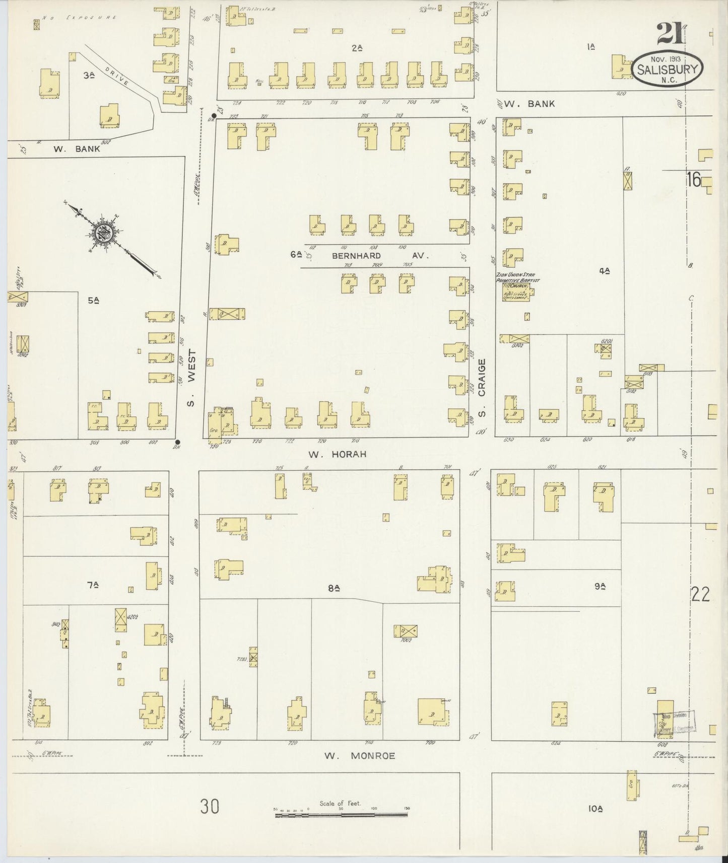 Sanborn Fire Insurance Map from Salisbury, Rowan County, North Carolina (1913), Sheet #0021 - Complete Map Set gallery image, historic Sanborn map, vintage wall art, North Carolina North Carolina