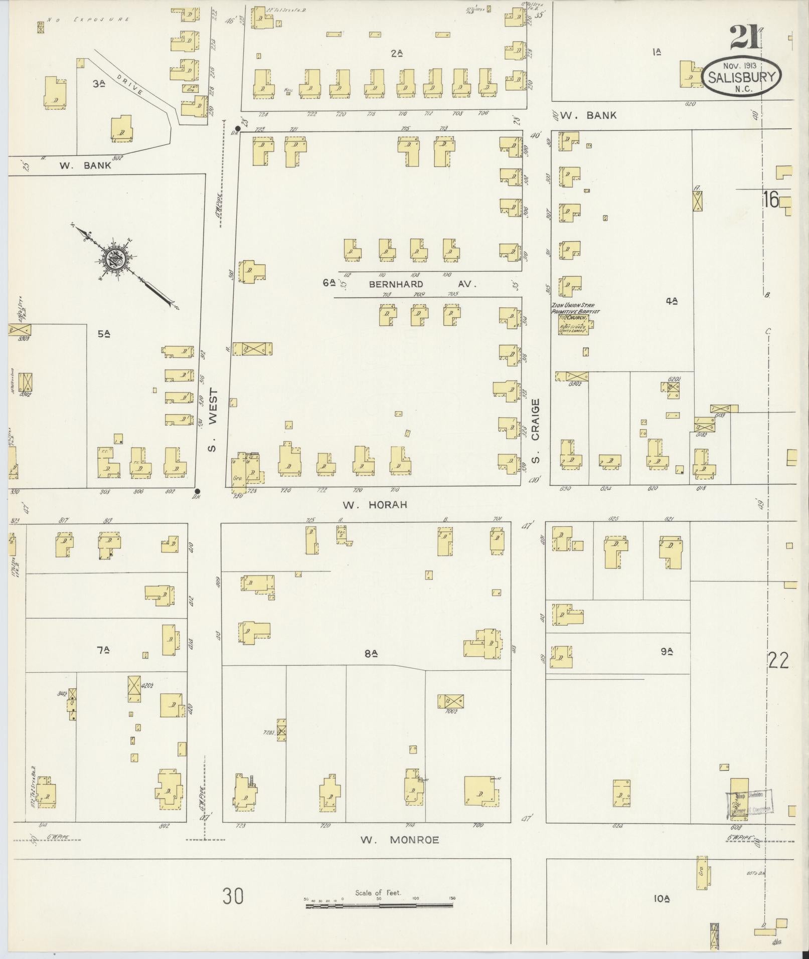 Sanborn Fire Insurance Map from Salisbury, Rowan County, North Carolina (1913), Sheet #0021 - Complete Map Set gallery image, historic Sanborn map, vintage wall art, North Carolina North Carolina