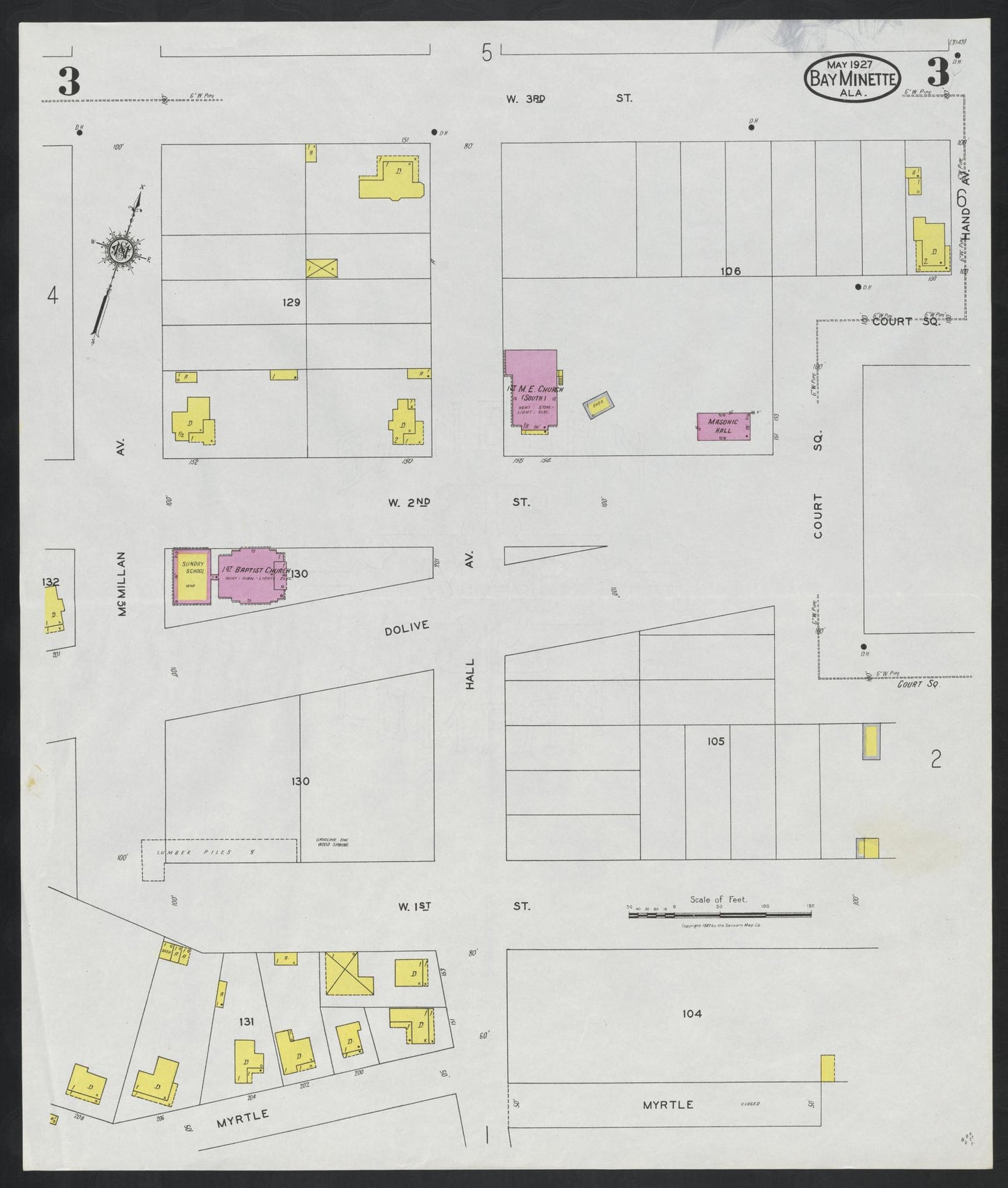 Sanborn Fire Insurance Map from Bay Minette, Baldwin County, Alabama (1927), Sheet #0003 - Complete Map Set gallery image, historic Sanborn map, vintage wall art, Alabama Alabama