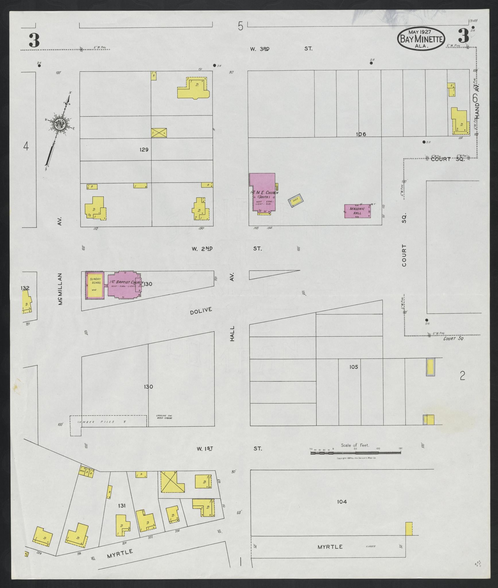 Sanborn Fire Insurance Map from Bay Minette, Baldwin County, Alabama (1927), Sheet #0003 - Complete Map Set gallery image, historic Sanborn map, vintage wall art, Alabama Alabama