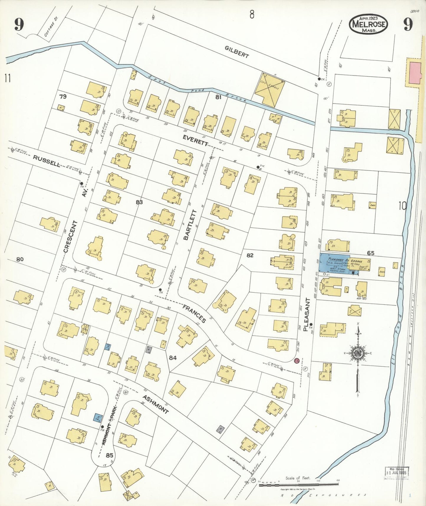 Sanborn Fire Insurance Map from Melrose, Middlesex County, Massachusetts (1923), Sheet #0009 - Historic Sanborn Fire Insurance Map Print, vintage old map wall art, antique decor, genealogy gift, Massachusetts Massachusetts map