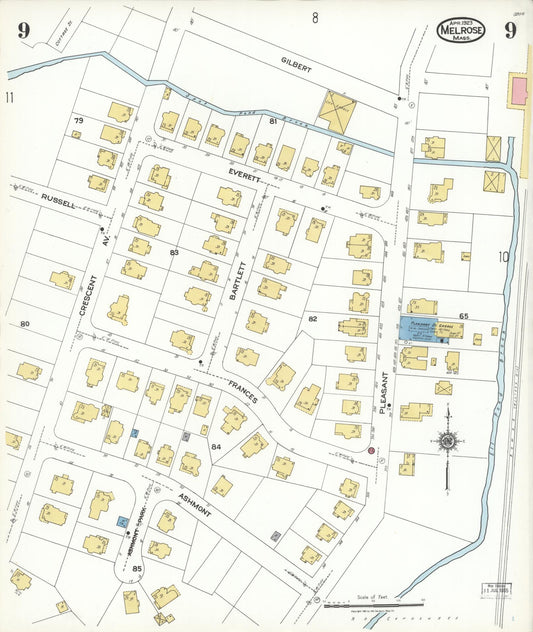 Sanborn Fire Insurance Map from Melrose, Middlesex County, Massachusetts (1923), Sheet #0009 - Historic Sanborn Fire Insurance Map Print, vintage old map wall art, antique decor, genealogy gift, Massachusetts Massachusetts map