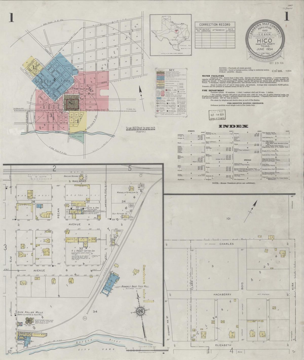 Sanborn Fire Insurance Map from Hico, Hamilton County, Texas (1934), Sheet #0001 - Complete Map Set gallery image, historic Sanborn map, vintage wall art, Texas Texas