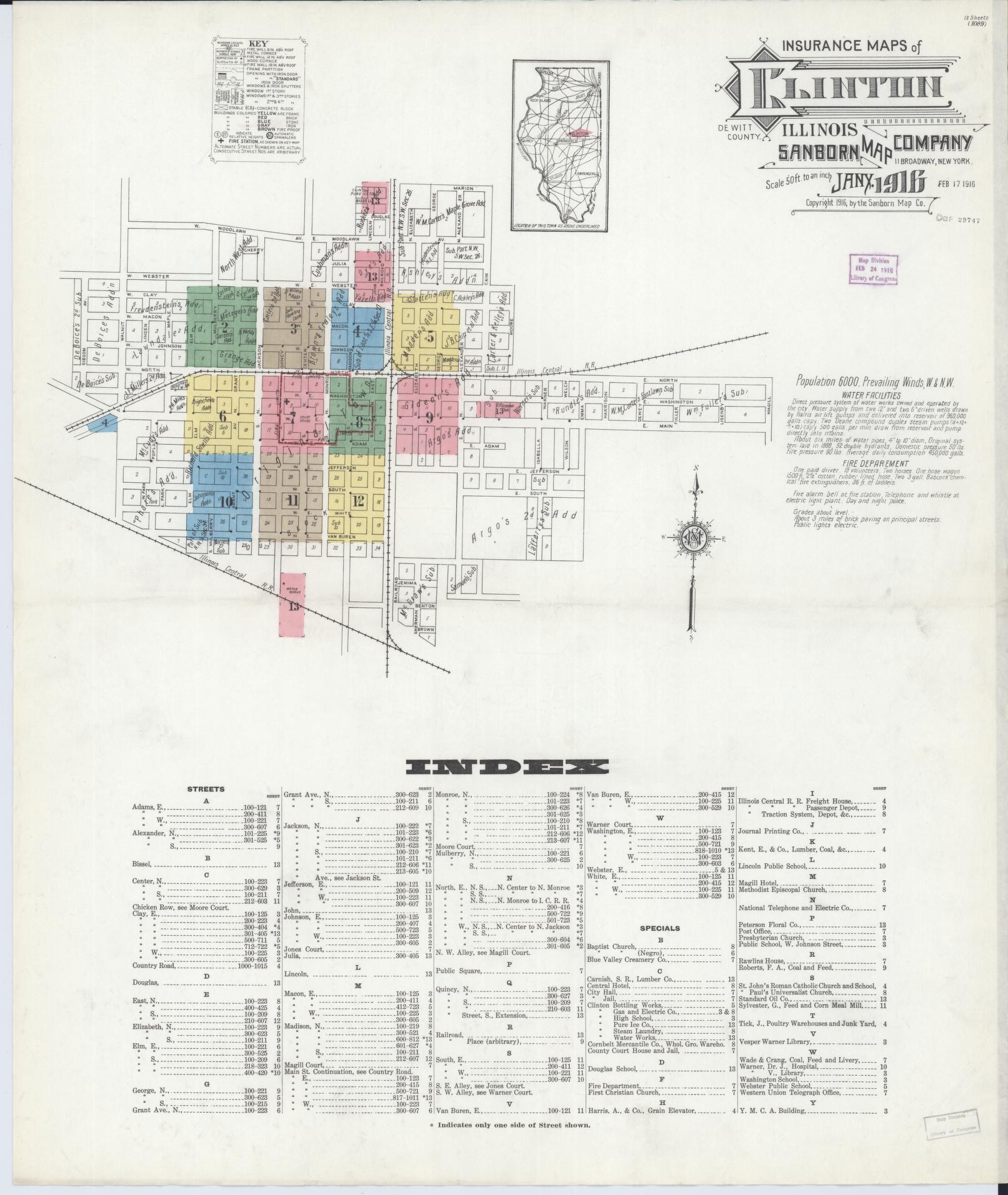 Sanborn Fire Insurance Map from Clinton, De Witt County, Illinois (1916), Sheet #0001 - Complete Map Set gallery image, historic Sanborn map, vintage wall art, Illinois Illinois