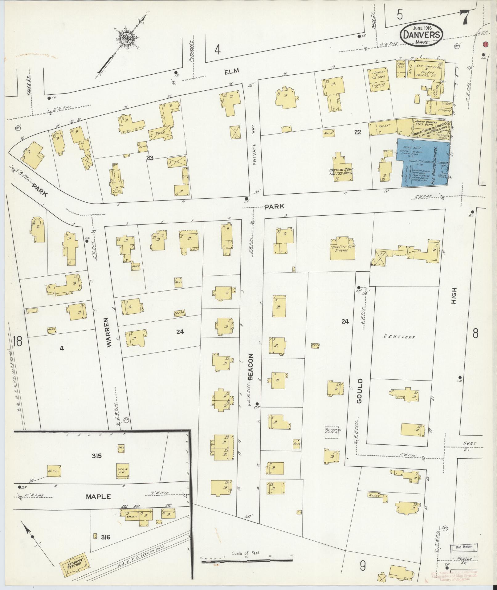 Sanborn Fire Insurance Map from Danvers, Essex County, Massachusetts (1916), Sheet #0007 - Historic Sanborn Fire Insurance Map Print, vintage old map wall art, antique decor, genealogy gift, Massachusetts Massachusetts map